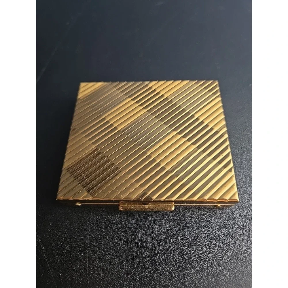 Vintage American Powder Compact Mirror Gold Tone 1950s w/ Puff